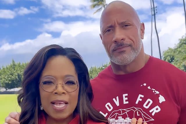 <p>Oprah/Instagram</p> Oprah Winfrey and Dwayne Johnson appear in a video announcing the People's Fund of Maui.