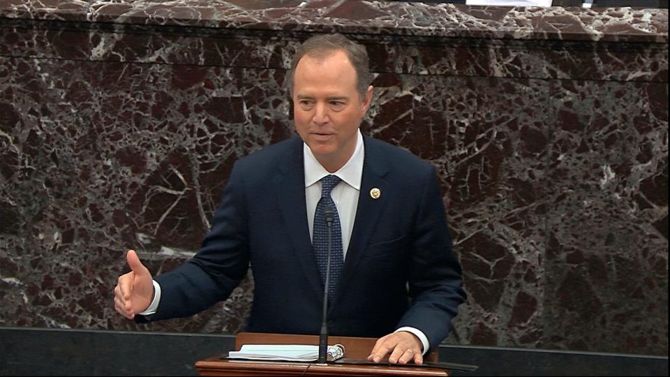 In this image from video, House impeachment manager Rep. Adam Schiff, D-Calif., speaks during the impeachment trial against President Donald Trump in the Senate at the U.S. Capitol in Washington, Wednesday, Jan. 22, 2020. (Senate Television via AP) ORG XMIT: DCJE259