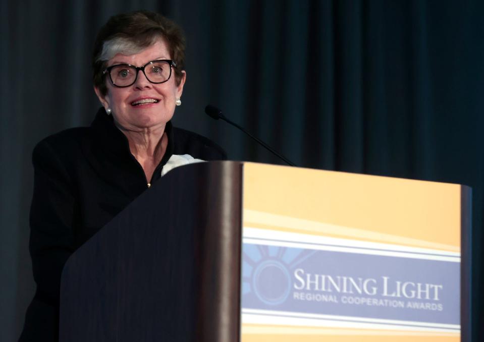 Former Michigan Supreme Court Chief Justice Maura Corrigan, the Neal Shine Award for Exemplary Regional Leadership winner talks to the crowd after accepting her award during the ceremony at The Mint at Michigan First Conference Center in Southfield on Thursday, October 5, 2023.