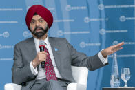 World Bank President Ajay Banga speaks at a forum during the World Bank/IMF Spring Meetings at the World Bank headquarters in Washington, Thursday, April 18, 2024. (AP Photo/Jose Luis Magana)