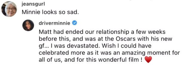 Minnie Driver shared the backstory about her sullen look at the 1998 Oscars in an Instagram comment.