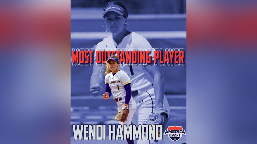 <em>(Photo Courtesy: America East Conference) Waverly’s Wendi Hammond earns the Most Outstanding Player Award, after tossing a 3-hit shutout to lead UAlbany to a conference crown. </em>