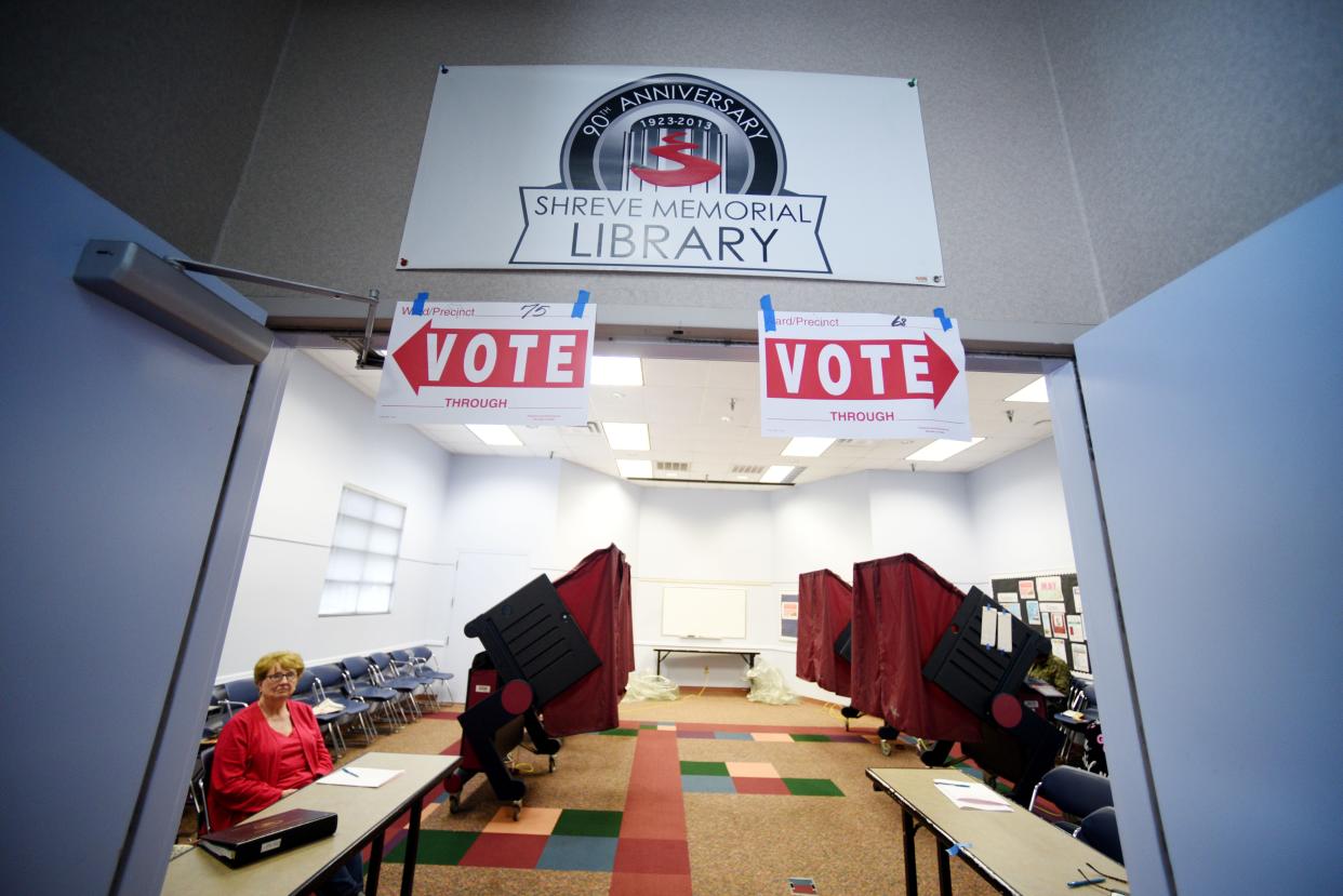 A voting booth waits for voters in Shreveport, Louisiana on May 4, 2019. 