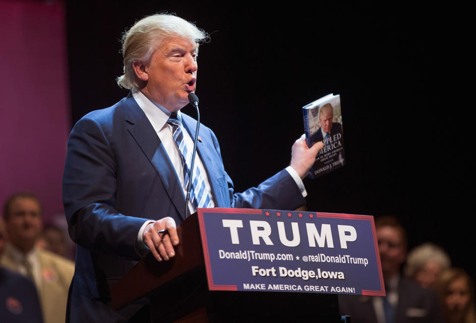 Republican presidential candidate Donald Trump talks about his book during a campaign stop at Iowa Central Community College on November 12, 2015 in Fort Dodge, Iowa. The stop comes on the heels of Tuesday's eight-candidate Republican debate in Milwaukee where a national poll of viewers declared Trump the winner. (Photo by Scott Olson/Getty Images)