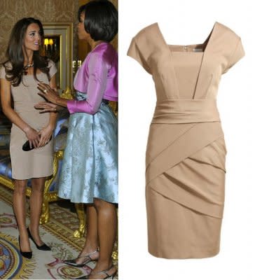 Kate Middleton's tan Reiss dress she wore to meet Michelle Obama sold out immediately. Photos by Getty Images and Reiss.