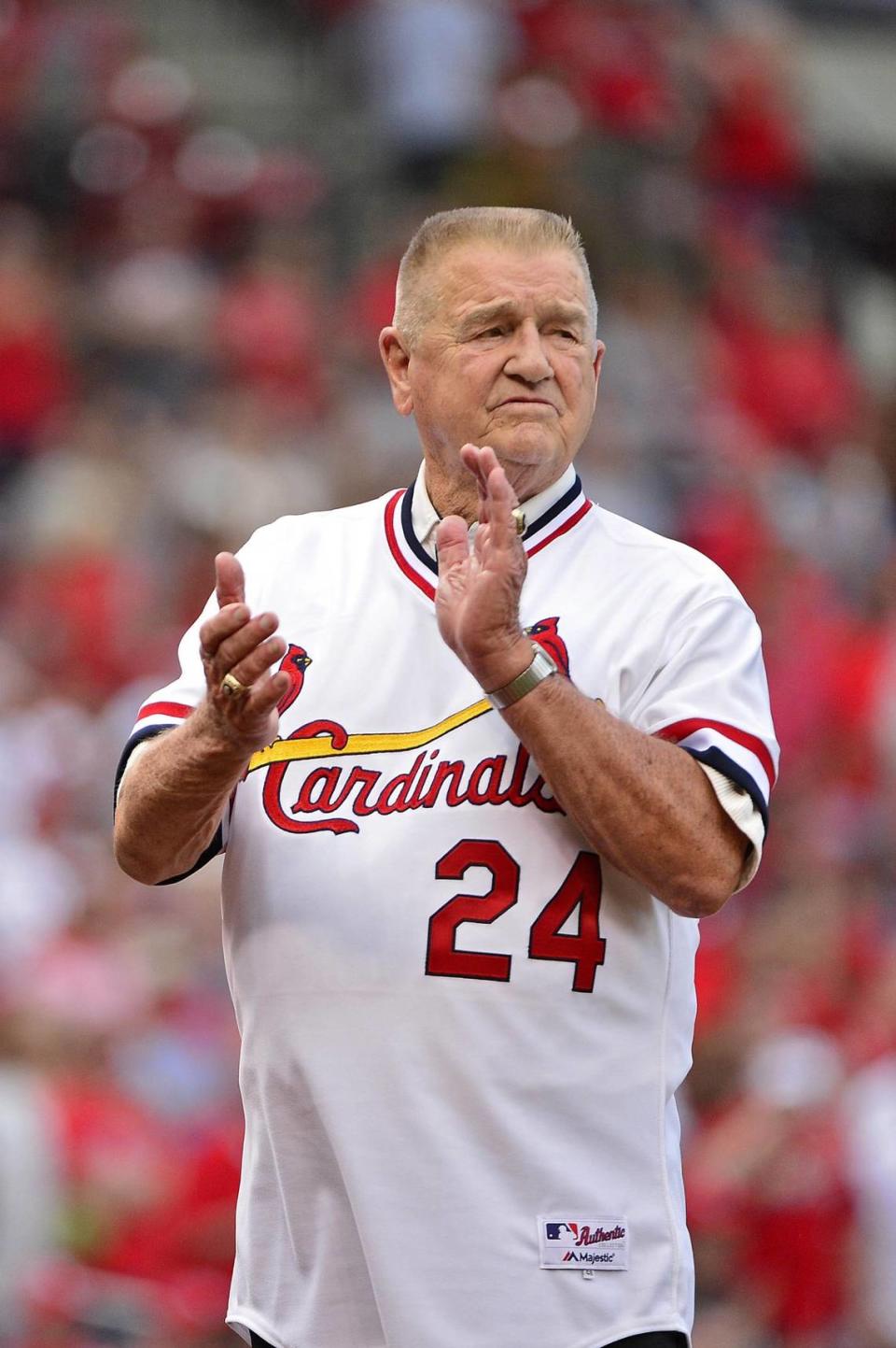 Aug 12, 2017; St. Louis, MO, USA; St. Louis Cardinals former manager Whitey Herzog looks on during a ceremony to honor the 1987 Cardinals team prior to a game against the Atlanta Braves at Busch Stadium. Mandatory Credit: Jeff Curry-USA TODAY Sports