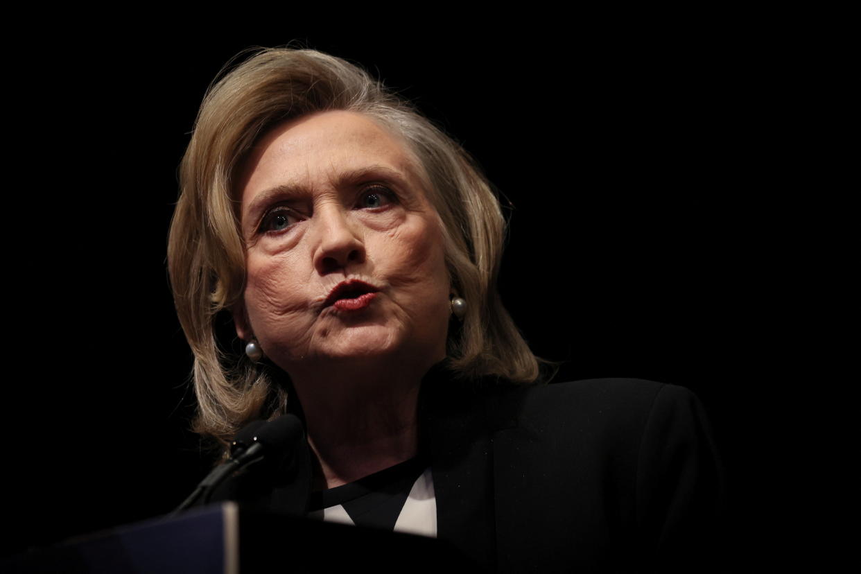 Hillary Clinton delivers remarks at the New York Democratic Convention in New York City on Feb. 7. (Mike Segar/Reuters)