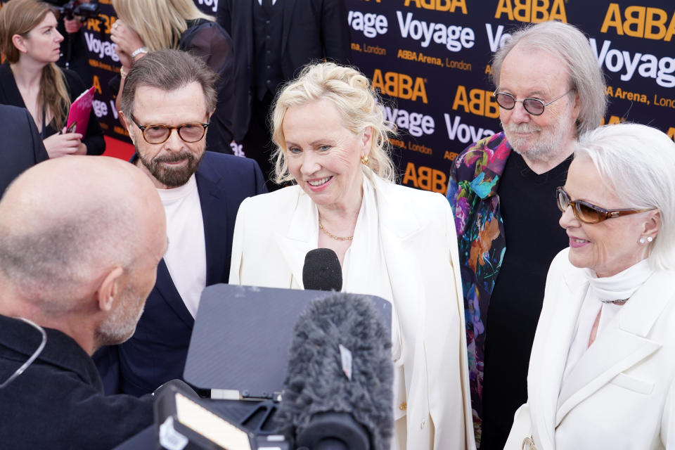 (L to R) Bjorn Ulvaeus, Agnetha Faltskog, Benny Andersson and Anni-Frid Lyngstad attending the Abba Voyage digital concert launch at the ABBA Arena, Queen Elizabeth Olympic Park, east London. Picture date: Thursday May 26, 2022.