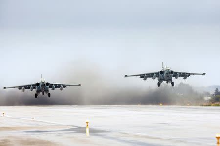 Russian Sukhoi Su-25 fighter jets take off as part of the withdrawal of Russian troops from Syria at Hmeymim airbase, Syria, March 16, 2016. REUTERS/Russian Ministry of Defence/Vadim Grishankin/Handout via Reuters