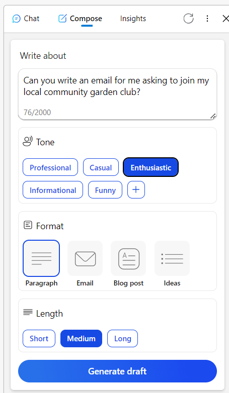 User asking Microsoft's Bing Chat to write a letter requesting to join the local gardening club.