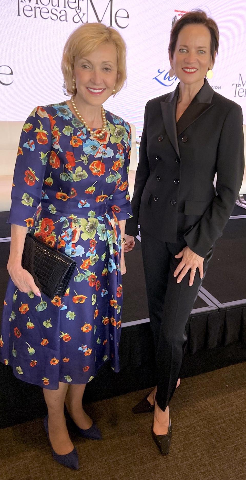 Former U.S.  Ambassador to South Africa Lana Marks at the United Nations International Day of Charity with Swiss actress Jacqueline Fritschi-Cornaz, who portrays Mother Teresa in the recently released film "Mother Teresa and Me."