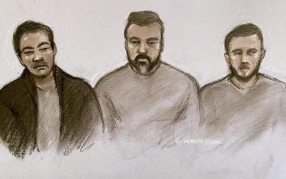 A court sketch of Chung Biu Yuen, Chi Leung Wai, and Matthew Trickett appearing at Westminster magistrates' court on Monday