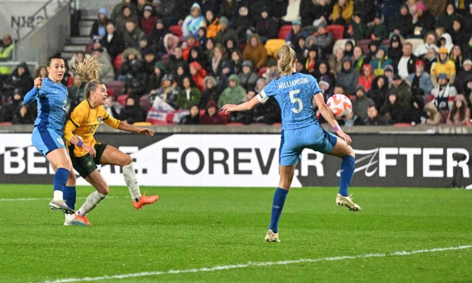 Charlotte Grant scores Australia’s second goal, which deflected off England’s Leah Williamson.