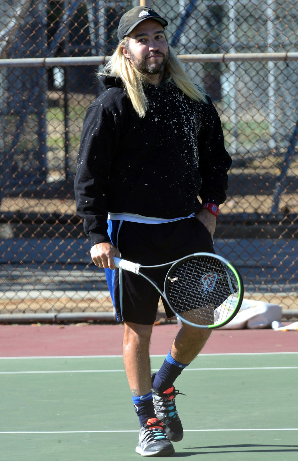 <p>Pete Wentz plays tennis in Studio City, California.</p>