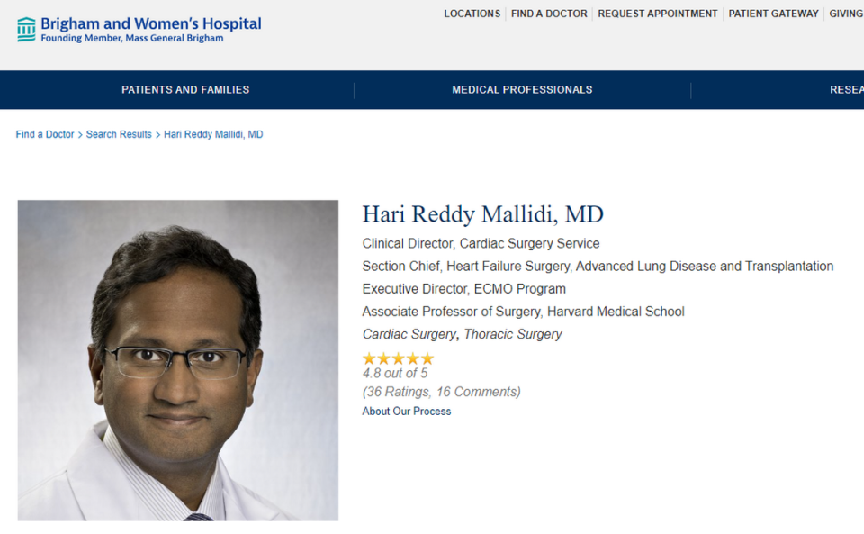 A screenshot of Dr. Hari Mallidi’s profile on Brigham and Women’s Hospital website.