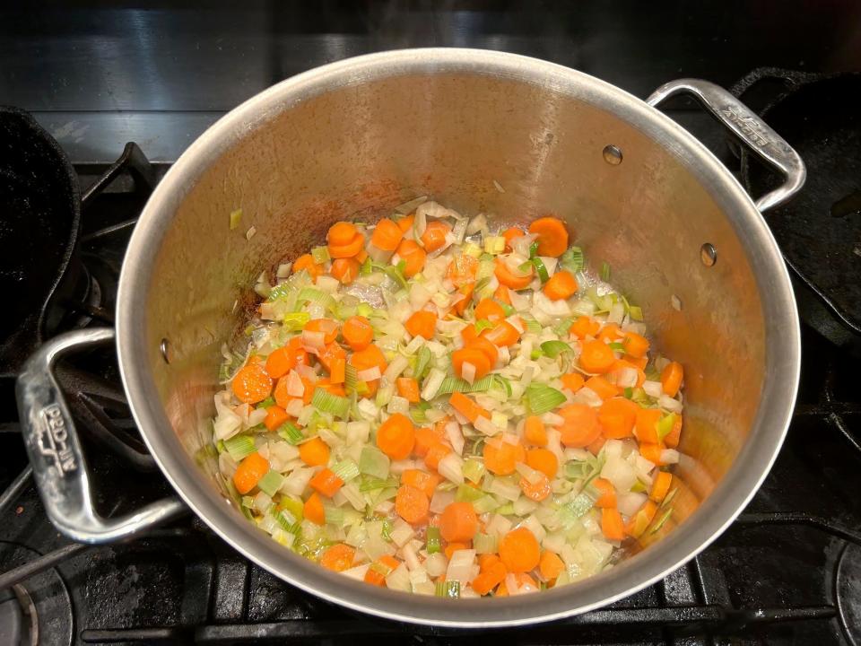 Sauteeing vegetables for Ina Garten's chicken pot pie soup