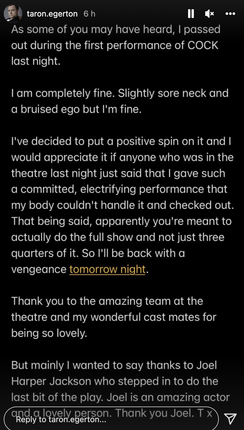 Egerton spoke about his fainting incident on Instagram Stories. (Screenshot: Taron Egerton)