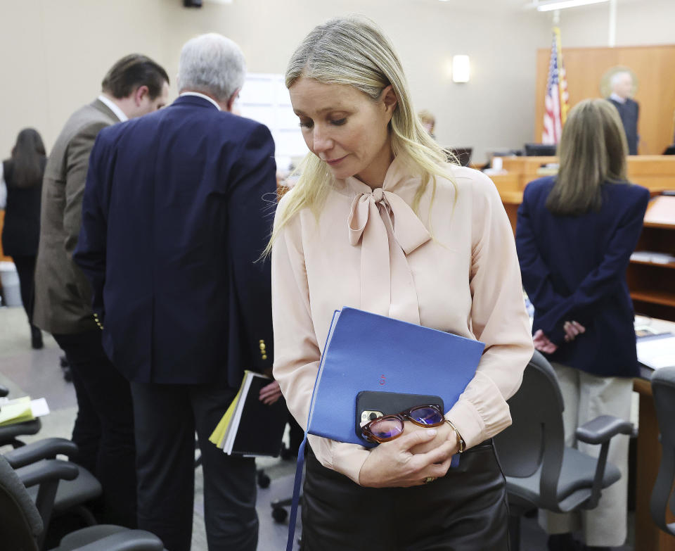 Gwyneth Paltrow leaves court during the lawsuit trial of Terry Sanderson vs. Gwyneth Paltrow, Tuesday, March 28, 2023, in Park City, Utah. Paltrow is accused in a lawsuit of crashing into a skier during a 2016 family ski vacation, leaving him with brain damage and four broken ribs. (Jeffrey D. Allred/The Deseret News via AP, Pool)