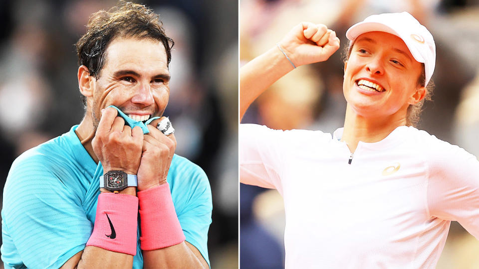 Rafa Nadal (pictured left) celebrating after winning the French Open ad Iga Swiatek (pictured right) fist-pumping after winning the French Open.