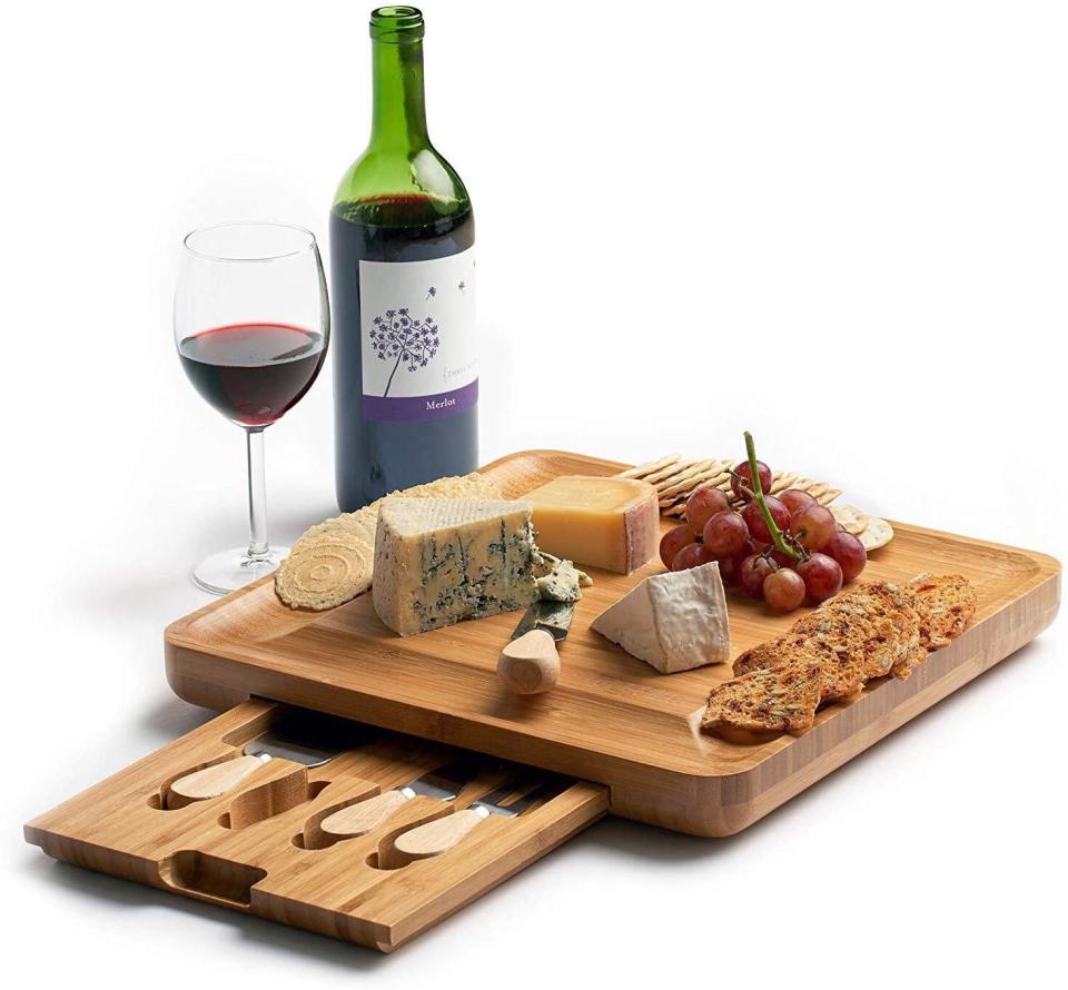 Machika Bamboo Cheese Board Set with Slide Out Drawer and Stainless Steel Knives