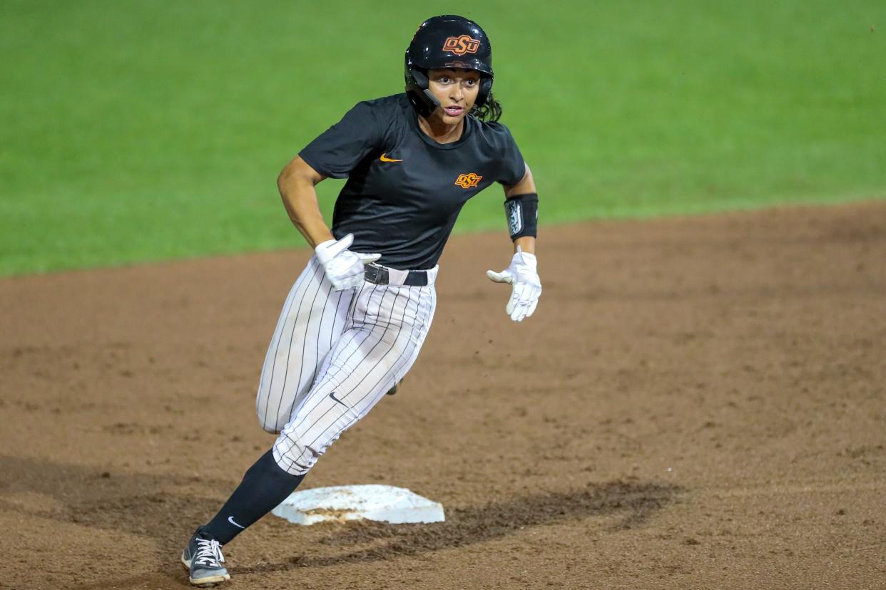 Oklahoma State's Tallen Edwards (44) rounds second base during a pre-season softball game between Oklahoma State (OSU) and Tulsa (TU) at Cowgirl Stadium in Stillwater, Okla., on Thursday, Oct. 26, 2023.
