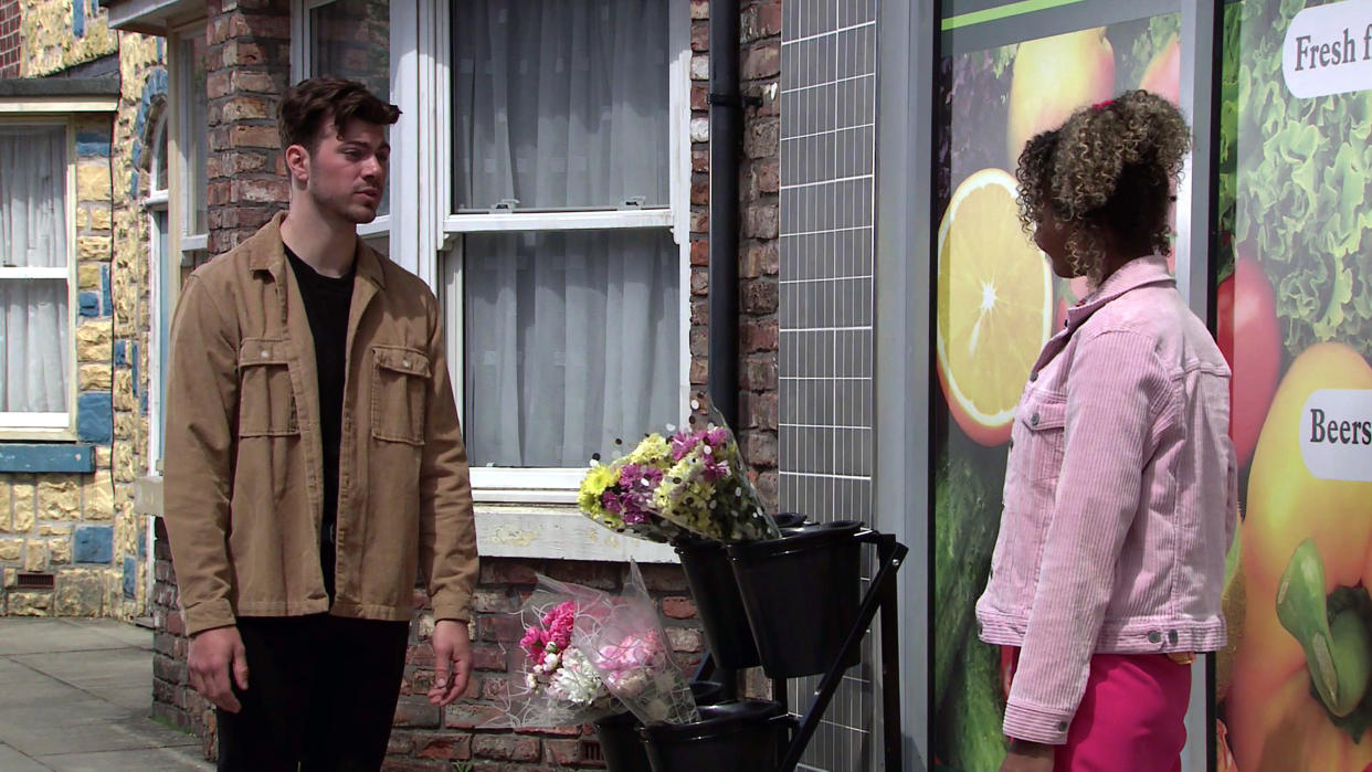 FROM ITV

STRICT EMBARGO - No Use Before Tuesday 6th July 2021

Coronation Street - Ep 10374

Monday 12th July 2021 - 1st Ep

Curtis tells Emma Brooker [ALEXANDRA MARDELL] about his plan to organise a charity naked calendar to help Steve reach his target of £100k.  

Picture contact David.crook@itv.com 

This photograph is (C) ITV Plc and can only be reproduced for editorial purposes directly in connection with the programme or event mentioned above, or ITV plc. Once made available by ITV plc Picture Desk, this photograph can be reproduced once only up until the transmission [TX] date and no reproduction fee will be charged. Any subsequent usage may incur a fee. This photograph must not be manipulated [excluding basic cropping] in a manner which alters the visual appearance of the person photographed deemed detrimental or inappropriate by ITV plc Picture Desk. This photograph must not be syndicated to any other company, publication or website, or permanently archived, without the express written permission of ITV Picture Desk. Full Terms and conditions are available on  www.itv.com/presscentre/itvpictures/terms