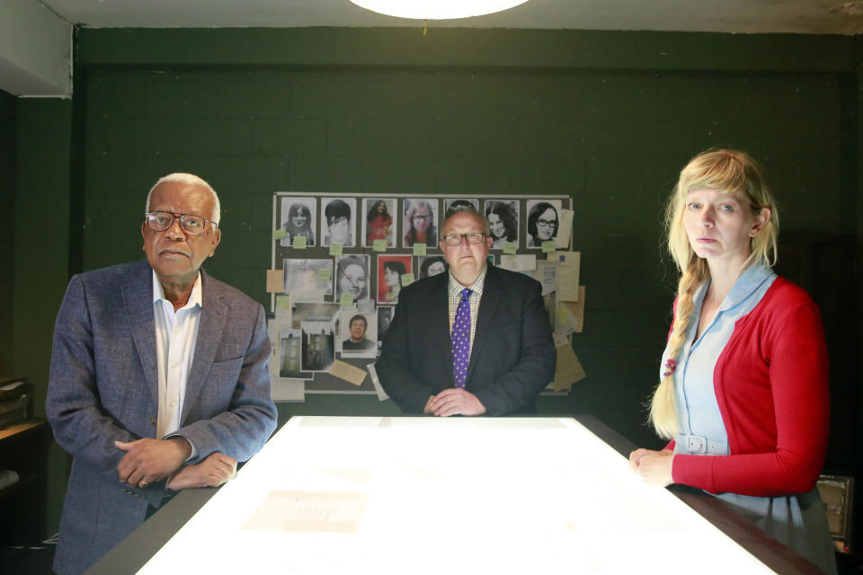 From Blinkfilms

FRED AND ROSE WEST : REOPENED
Part 1 Wednesday 15th September 2021
Part 2 Thursday 16th September 2021
On ITV 

Pictured: (l-r) Sir Trevor McDonald, Former Met Police Detective Chief Inspector Colin Sutton and forensic psychologist Dr Donna Youngs,

Two-part programme over consecutive nights presented by Sir Trevor McDonald which follows a team of investigators as they explore new leads suggesting there may be more Wests' victims than their 12 known murders. 

Following new information from documents and witness testimonies, the investigators are led to locations around the country as they search for answers. Locations include fields outside Gloucester, a cafŽ which Fred West visited, and a place known as 'the Farm', where Fred claimed to have buried 20 further bodies.

After new and significant evidence is uncovered, Gloucestershire Police initiate a new operation to investigate the leads. Their investigation is ongoing.

(C) Blinkfilms

For further information please contact Peter Gray
Mob 07831460662 /  peter.gray@itv.com

This photograph is (C) Blinkfilms and can only be reproduced for editorial purposes directly in connection with the programme FRED AND ROSE WEST : REOPENED or ITV. Once made available by the ITV Picture Desk, this photograph can be reproduced once only up until the Transmission date and no reproduction fee will be charged. Any subsequent usage may incur a fee. This photograph must not be syndicated to any other publication or website, or permanently archived, without the express written permission of ITV Picture Desk. Full Terms and conditions are available on the website www.itvpictures.com 


