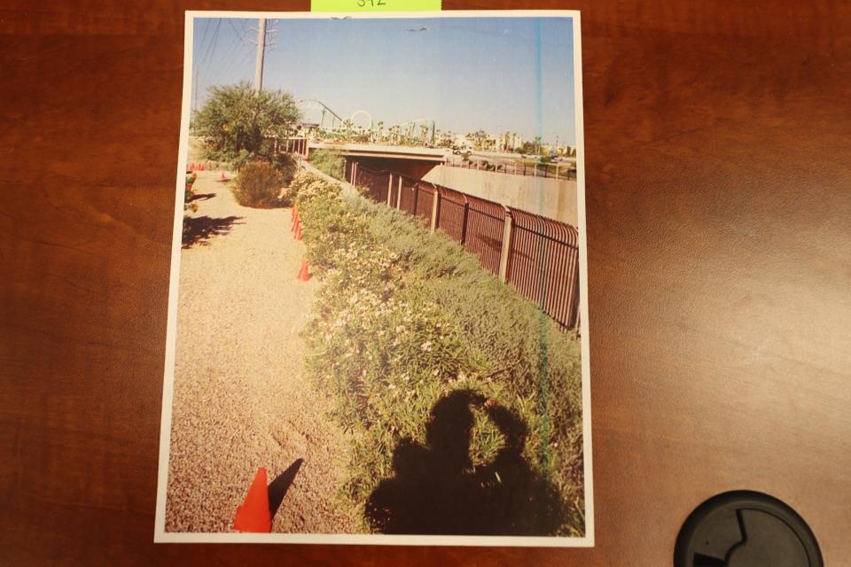 Police photograph of the bushes where Melanie Bernas' body was dragged before being placed into the canal. This photo was used as evidence in the trial of Bryan Patrick Miller.
