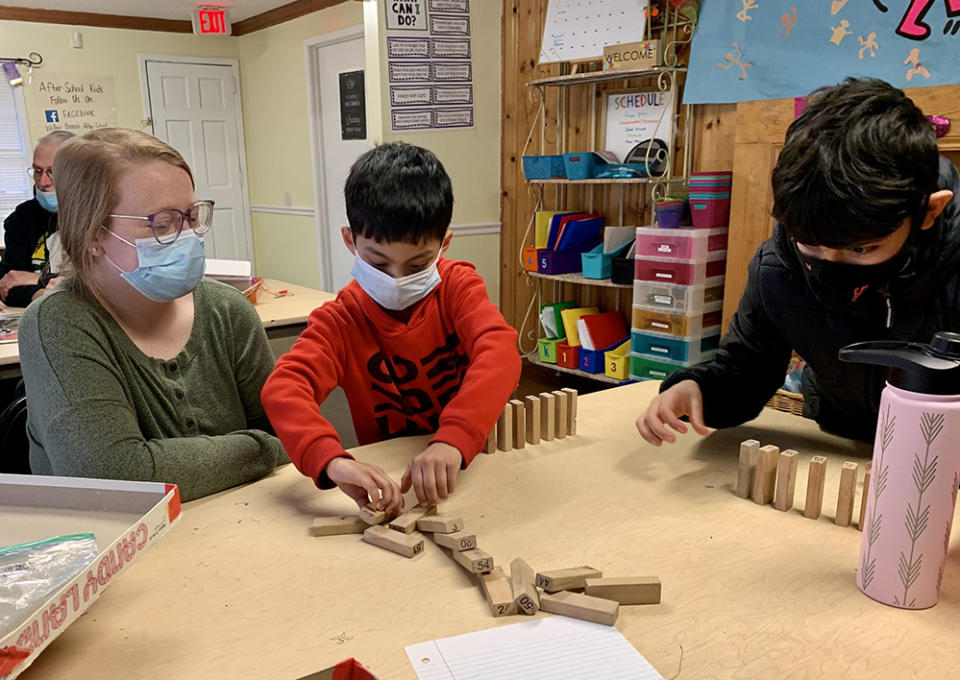 The Willow Branch afterschool center, housed in the back of a leasing office, is stocked with donated teaching materials. (Linda Jacobson/The 74)