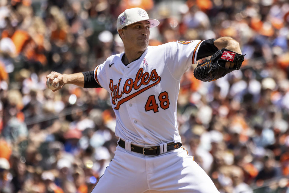 Baltimore Orioles starting pitcher Kyle Gibson (48) throws during the first inning of a baseball game against the Pittsburgh Pirates, Sunday, May 14, 2023, in Baltimore. (AP Photo/Julia Nikhinson)