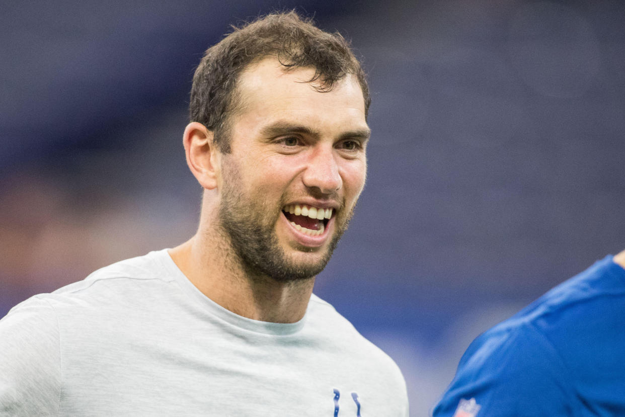 Aug 17, 2019; Indianapolis, IN, USA; Indianapolis Colts quarterback Andrew Luck (12) walks the field before the game against the Cleveland Browns at Lucas Oil Stadium. Mandatory Credit: Trevor Ruszkowski-USA TODAY Sports