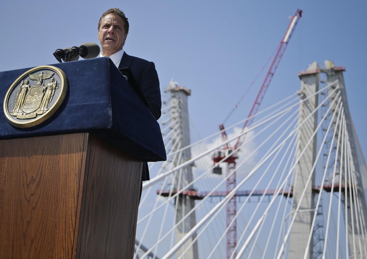 In an Aug. 24, 2017 photo, Gov. Cuomo speaks during a ribbon cutting ceremony for the Tappan Zee Bridge replacement near Tarrytown, N.Y., renamed the Gov. Mario M. Cuomo Bridge. 