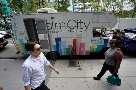 An RV converted into a mobile meditation studio called Calm City is pictured in the Manhattan borough of New York City, New York, U.S. July 26, 2017. REUTERS/Carlo Allegri