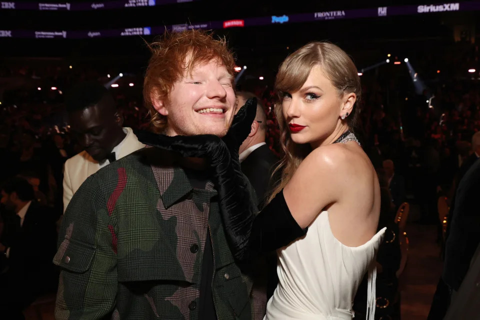 LOS ANGELES, CALIFORNIA - FEBRUARY 04: Ed Sheeran and Taylor Swift attend during the 66th GRAMMY Awards at Crypto.com Arena on February 04, 2024 in Los Angeles, California. (Photo by Kevin Mazur/Getty Images for The Recording Academy)