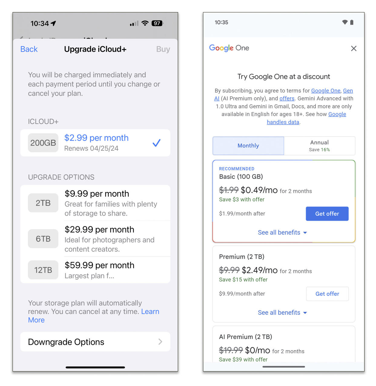 Los ajustes del iPhone (izquierda) o de Android muestran cuánto espacio de almacenamiento estás utilizando actualmente. (Apple; Google vía The New York Times)
