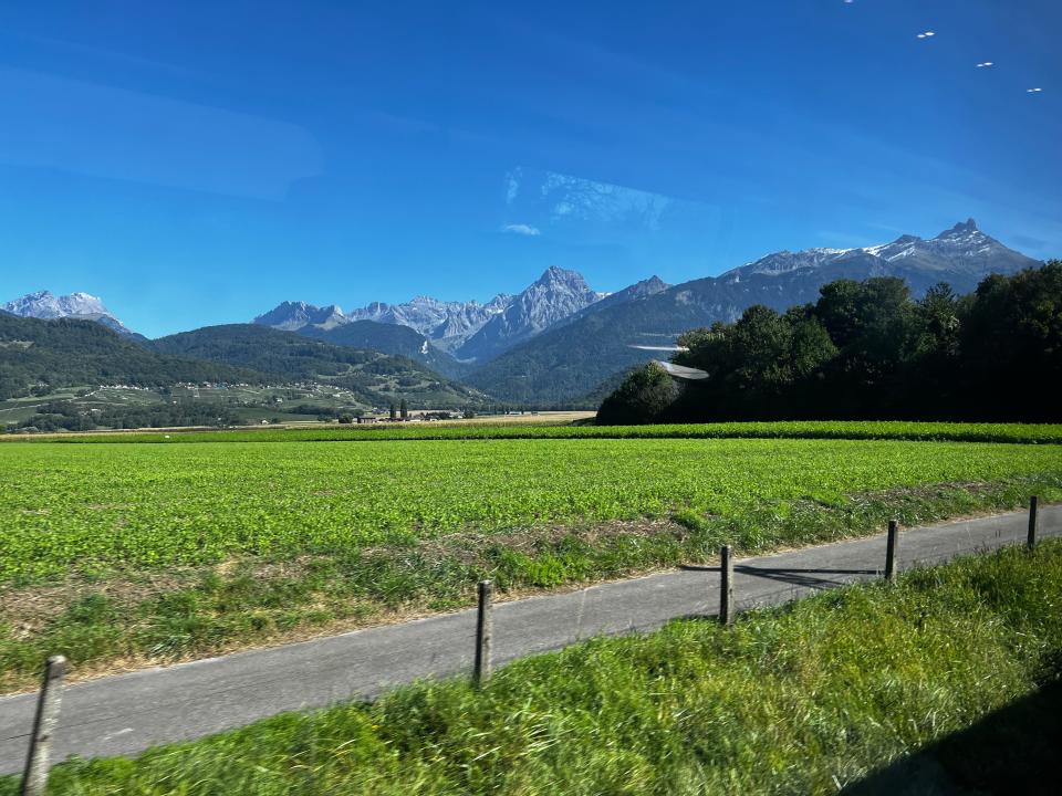 views of swiss alps outside a train window