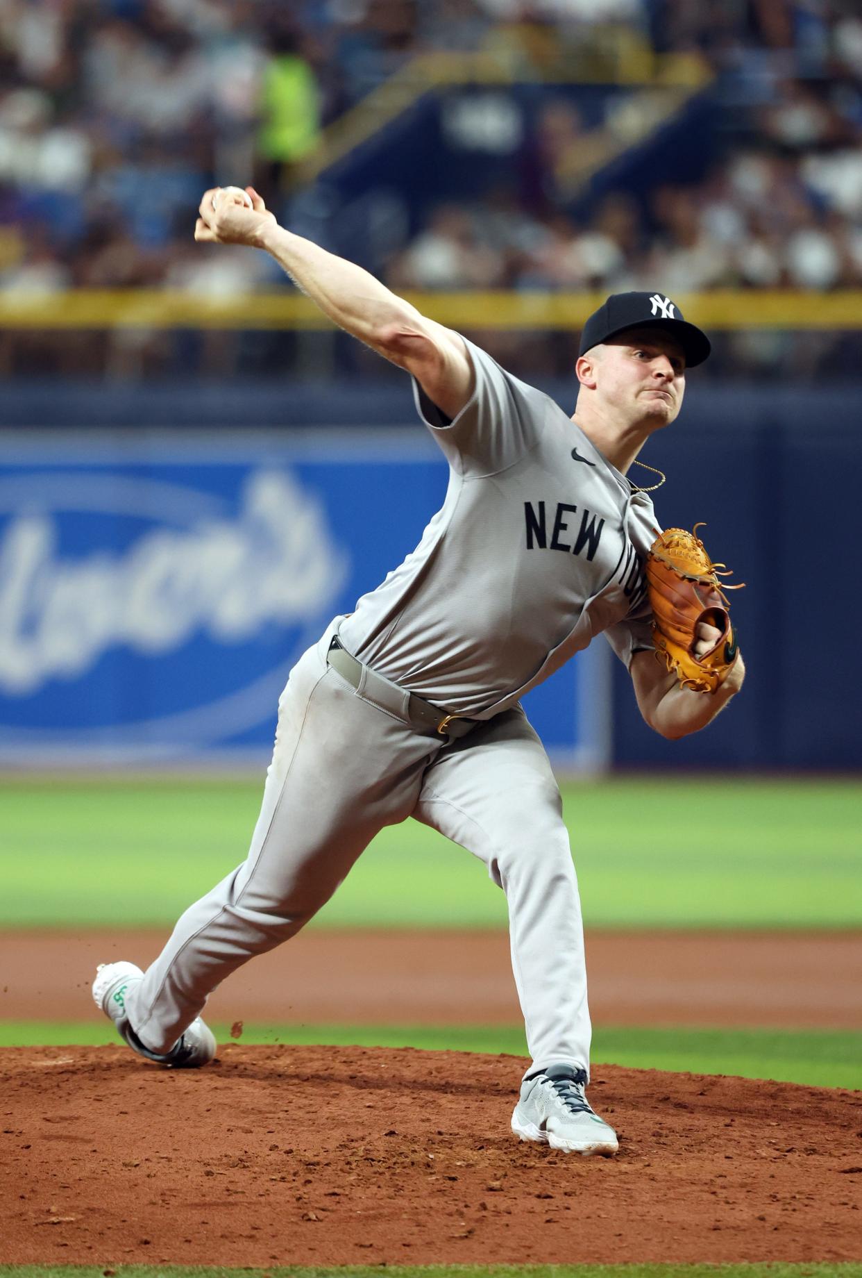 May 10, 2024; St. Petersburg, Florida, USA; New York Yankees pitcher Clarke Schmidt (36) throws a pitch against the Tampa Bay Rays during the third inning at Tropicana Field. Mandatory Credit: Kim Klement Neitzel-USA TODAY Sports