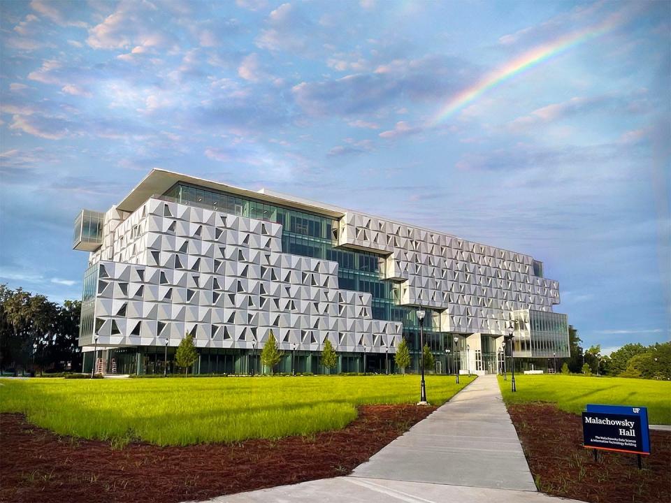 The Malachowsky Hall for Data Science & Information Technology across from the Reitz Union on the University of Florida campus. The hall officially opened Friday, Nov. 3, 2023, with a ribbon-cutting ceremony.