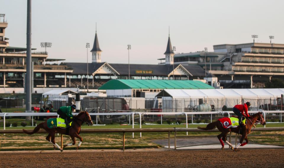 Kentucky Derby contenders Derma Sotogake trails Continuar, right, as the two Japanese horses train during a workout at the track April 25, 2023 at Churchill Downs in Louisville, Ky. 