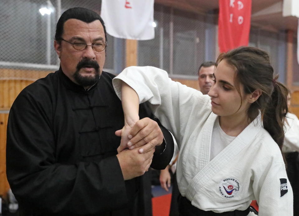 MOSCOW, RUSSIA - OCTOBER 12, 2019: American actor and martial artist Steven Seagal (L) gives an aikido masterclass during the 2nd International Budo Festival at the Fili sports complex. Vladimir Gerdo/TASS (Photo by Vladimir Gerdo\TASS via Getty Images)