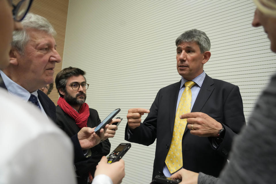 The new Caritas Internationalis secretary general Alistair Dutton meet the journalists at the Vatican, Tuesday, May 16, 2023. (AP Photo/Gregorio Borgia)