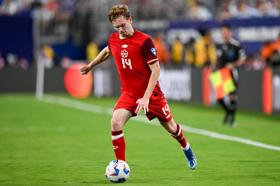 EAST RUTHERFORD, UNITED STATES - JULY 10: Jacob Shaffelburg of Canada passes the ball during the CONMEBOL Copa America USA 2024 match between Canada and Argentina at MetLife Stadium on July 10, 2024 in East Rutherford, United States. (Photo by Pablo Morano/BSR Agency/Getty Images)