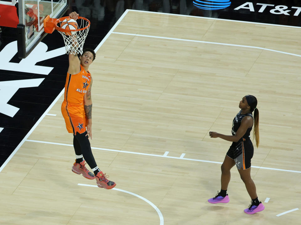 Team Stewart's Brittney Griner dunks ahead of Team Wilson's Jackie Young in the first half of the 2023 WNBA All-Star Game at Michelob Ultra Arena in Las Vegas on July 15, 2023. (Ethan Miller/Getty Images)