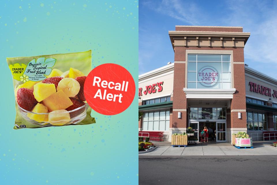 a side by side of the Trader Joe's frozen Tropical Fruit blend with a "recall alert" graphic and a Trader Joe's storefront