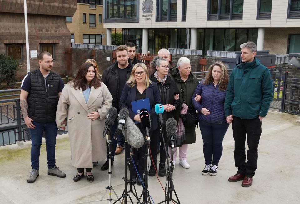 The family of Stephen and Carol Baxter speaking to the media outside court (Stefan Rousseau/PA Wire)