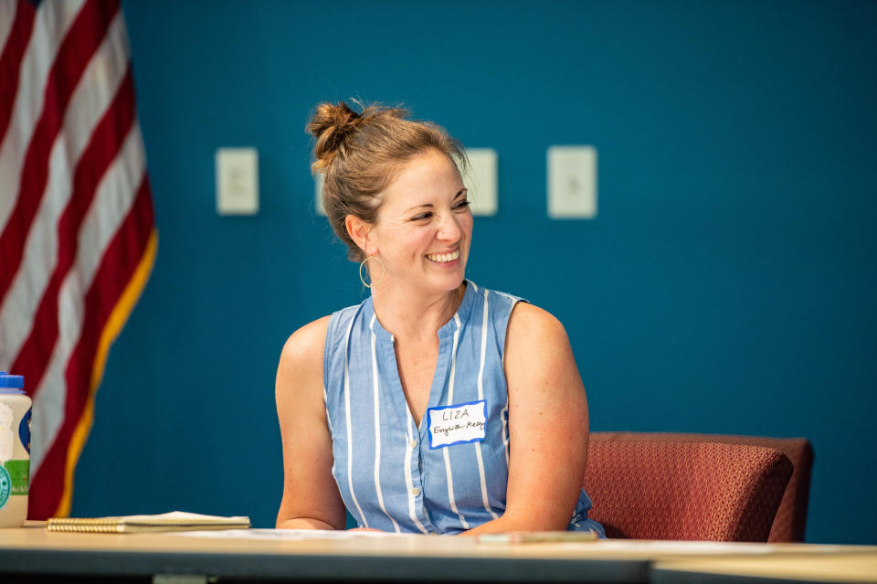 Asheville City Schools Board of Education Candidate Liza English-Kelly speaks a forum at A-B Tech on April 22, 2022.