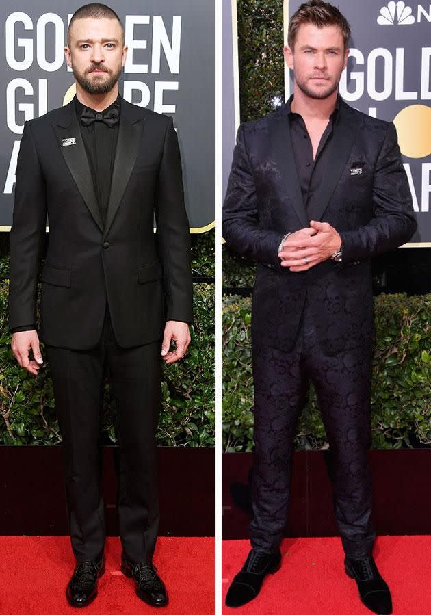 Justin Timberlake and Chris Hemsworth also dressed in all black and wore 'Time's Up' pins. Photo: Getty