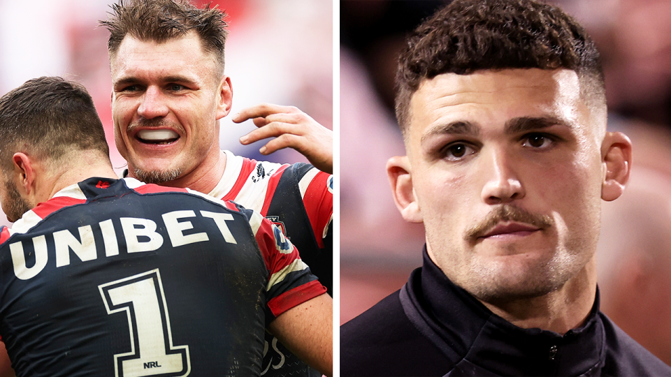 Nathan Cleary (pictured) could find himself at the centre of a brutal Roosters tactic with Angus Crichton (pictured left) likely to run at the halfback and his injured shoulder. (Getty Images)