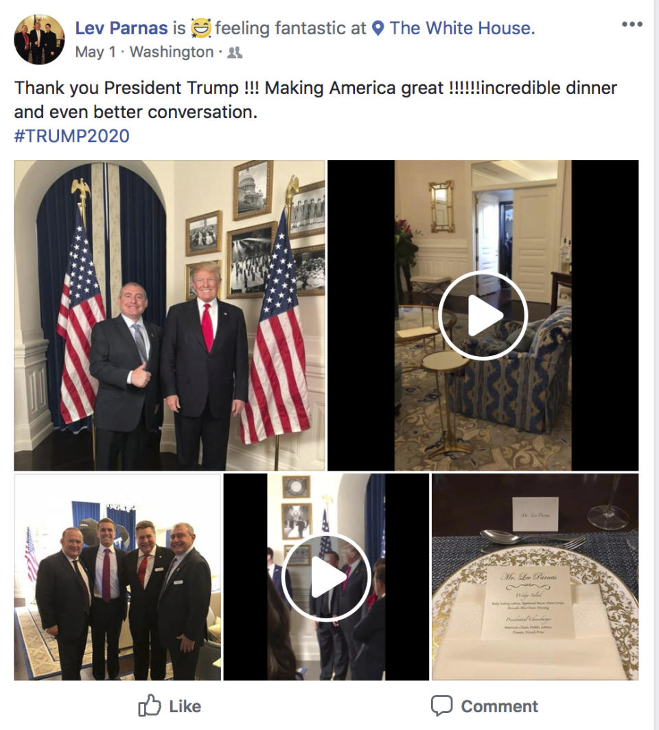 This Facebook screen shot provided by The Campaign Legal Center, shows President Donald Trump standing with Lev Parnas, top left photo, at the White House in Washington, posted on May 1, 2018. (The Campaign Legal Center via AP)