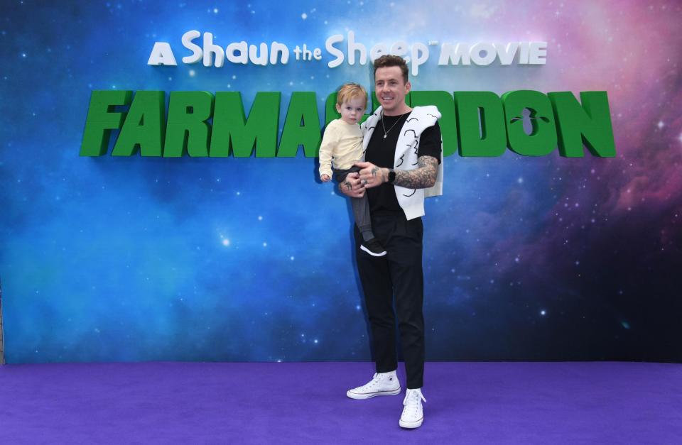 Family: Jones with son Cooper at the Shuan the Sheep: FARMAGEDDON premiere (Stuart C. Wilson/Getty Images)